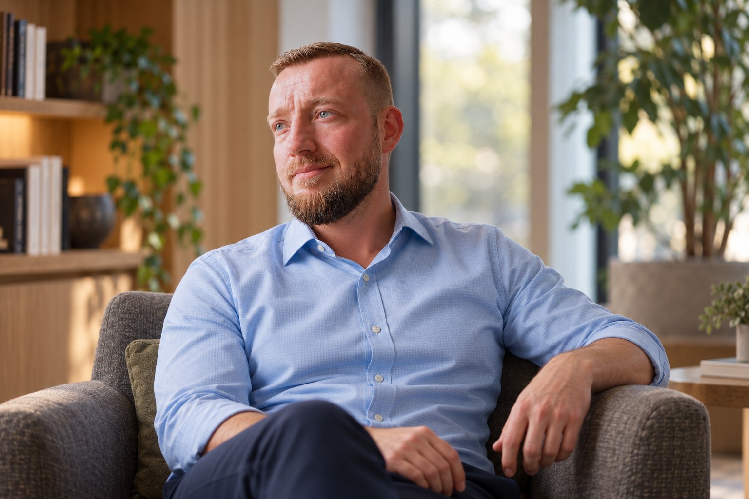 Christian [EFTERNAVN] i en lænestol ved et vindue i dagslys