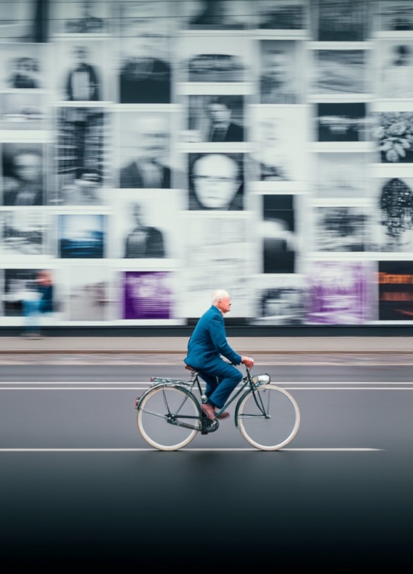 En cyklist på vej forbi en lang væg af portrætter