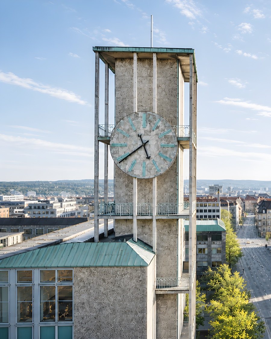 Rådhustårnet med uret set fra oven mod en lys himmel